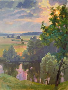 Oil painting Near Sednev Batrakov Vladimir Grigorievich: AAA2025 Introducing the "Near Sednev" oil painting - a beautiful and tranquil piece that is perfect for any home or office. This stunning painting features a lake surrounded by trees, with wide fields