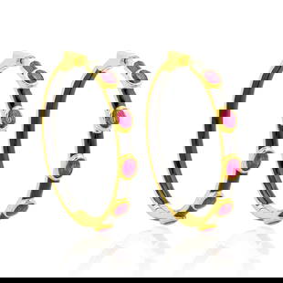 Natural Ruby Hoop Earrings 14k Yellow Gold Black Enamel: Title: Natural Ruby Hoop Earrings 14k Yellow Gold Black Enamel Description: Item Code : SEE-11336, Gold - 12.962 : 2.24 ct Ruby : Gross Wt 13.41 grams Metal: 14k Yellow Gold Stones: Ruby Carat Weights