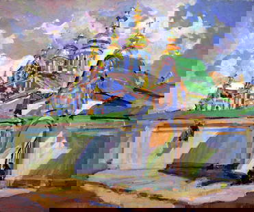 Oil painting Near the gates of the cathedral Leonid Pavlenko: 19PAVL Painter: Leonid Pavlenko Size: 65x80 cm/25.59x31.49 inches Components: oil, canvas Original painting CONDITION: excellent ARTIST: Born on April 23, 1970 in the village. Bondarivka, Zhytomyr reg