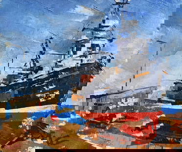 Oil painting Ship in port Volodymyr Gluhomanyuk: 21GLUX Painter: Volodymyr Gluhomanyuk Size: 25x30 cm/9.84x11.81 inches Components: oil, canvas Original painting - series Fishing boats part 2 CONDITION: excellent ARTIST: Volodymyr Gluhomanyuk I was