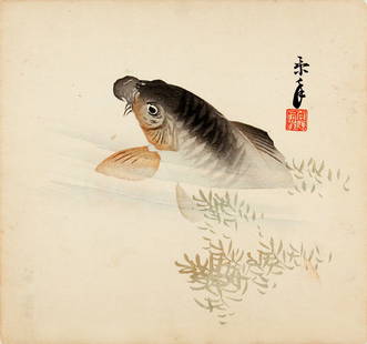 Imao KEINEN (1845 - 1924):Carp: Artist: Imao KEINEN (1845 - 1924) Title: Carp Publisher: signed: Keinen, with red artist seal) Date: c.1900 Medium: woodblock print Size/Format: shikishiban surimono (c. 9" x 9 3/4") Condition: FINE i
