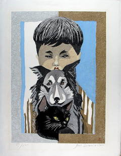 SEKINO Jun'ichiro (1914-1988):Boy with dog and cat (numbered FIRST EDITION print): Artist: SEKINO Jun'ichiro (1914-1988) Title: Boy with dog and cat (numbered FIRST EDITION print) Publisher: self published Date: 1961 Medium: Woodblock print Size/Format: dai-oban tate-e (c. 24" x 18"