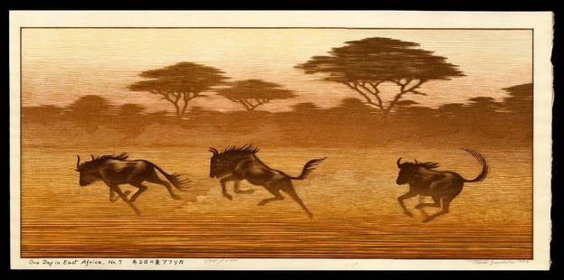 Toshi YOSHIDA (1911-95):One Day in East Africa, No. 7: Artist: Toshi YOSHIDA (1911-95) Title: One Day in East Africa, No. 7 Series: Limited edition no.: 595/1000 Publisher: self-published Date: 1982 Medium: woodblock print Size/Format: dai oban (10 1/2 x