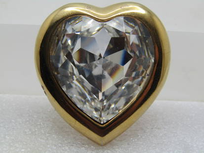 Vintage Clear Heart Rhinestone Brooch, Chunky, 1980's: Vintage Clear Heart Rhinestone Brooch, Chunky, 1980's. Gold tone framed heart with center clear faceted rhinestone (glass or crystal) heart. The brooch is appx. 1.5" tall and 1-1/3" wide with locking