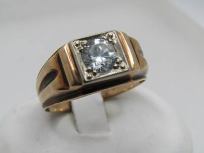 Vintage 10kt White Topaz Ring, Men's, Sz. 9.5, 1940's: Vintage 10kt White Topaz Ring, Men's, Sz. 9.5, 1940's. This has a 5.5mm clear white stone that tests as topaz. There is a chip on the side of the stone. Milgrain finish in a tiered design on top with