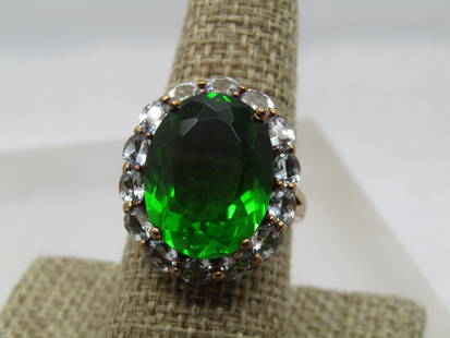 Vintage Sterling Vermeil Green & Blue Topaz Ring, Sz. 9.5, Stauer, 1990's-2000's: Vintage Sterling Green & Blue Topaz Ring, Sz. 9.5, Stauer, 1990's-2000's. Statement halo vermeil ring with a large center green stone that is appx. 18mm by 13mm, prong-set. It has a lower halo setting