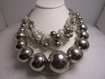 Vintage Chunky Silver & Faux Pearl Beaded Necklace, 18"-20", 1980's: Vintage Chunky Silver & Faux Pearl Beaded Necklace, 18"-20", 1980's. The silver tone graduated beads are the longest strand with beads ranging from 13.5mm to 29mm. The shorter strands has a cluster of