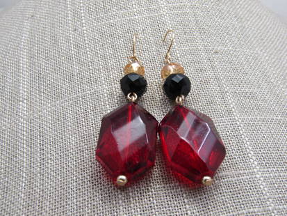 Vintage Erica Lyons Red & Black Drop Earrings, Pierced. 2-3/8": Vintage Erica Lyons Red & Black Drop Earrings, Pierced. 2.5", vintage new with card. Chunky red faceted acrylid rhinestones with a black glass bead & gold bead on top. Total length is appx. 2.5" from