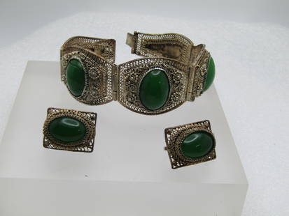 Vintage China Export Filigree Green Glass Bracelet Earrings, Set. 1920's-1930's, 7": Vintage China Export Filigree Green Glass Bracelet Earrings, Set. 1920's-1930's, 7". This has a silver finish but is not sterling. Filigree frame and raised ornate blossom and scrolled designs. Three