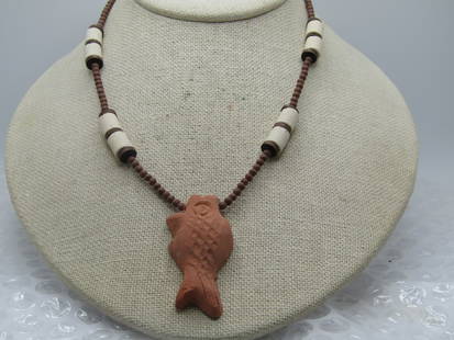 Vintage Terracota Fish, Bisque Beaded Necklace, 16" - Tribal Themed: Vintage Terracota Fish, Bisque Beaded Necklace, 16". Tribal themed. The fish is the pendant ande appx. 2" long and 1" wide. Hand made puffy fish with white bisque beads and brown beads that are appx.