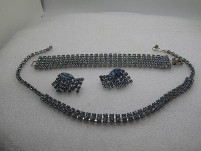 Vintage Coro Blue Rhinestone Necklace Set,  Bracelet, Earrings Set, 1940's-1950's: Vintage Coro Blue Rhinestone Necklace Set, Bracelet, Earrings Set, 1940's-1950's. Silver tone with a 15" necklace with a double row of 4mm blue rhinestones in the center and a single on the end. The h