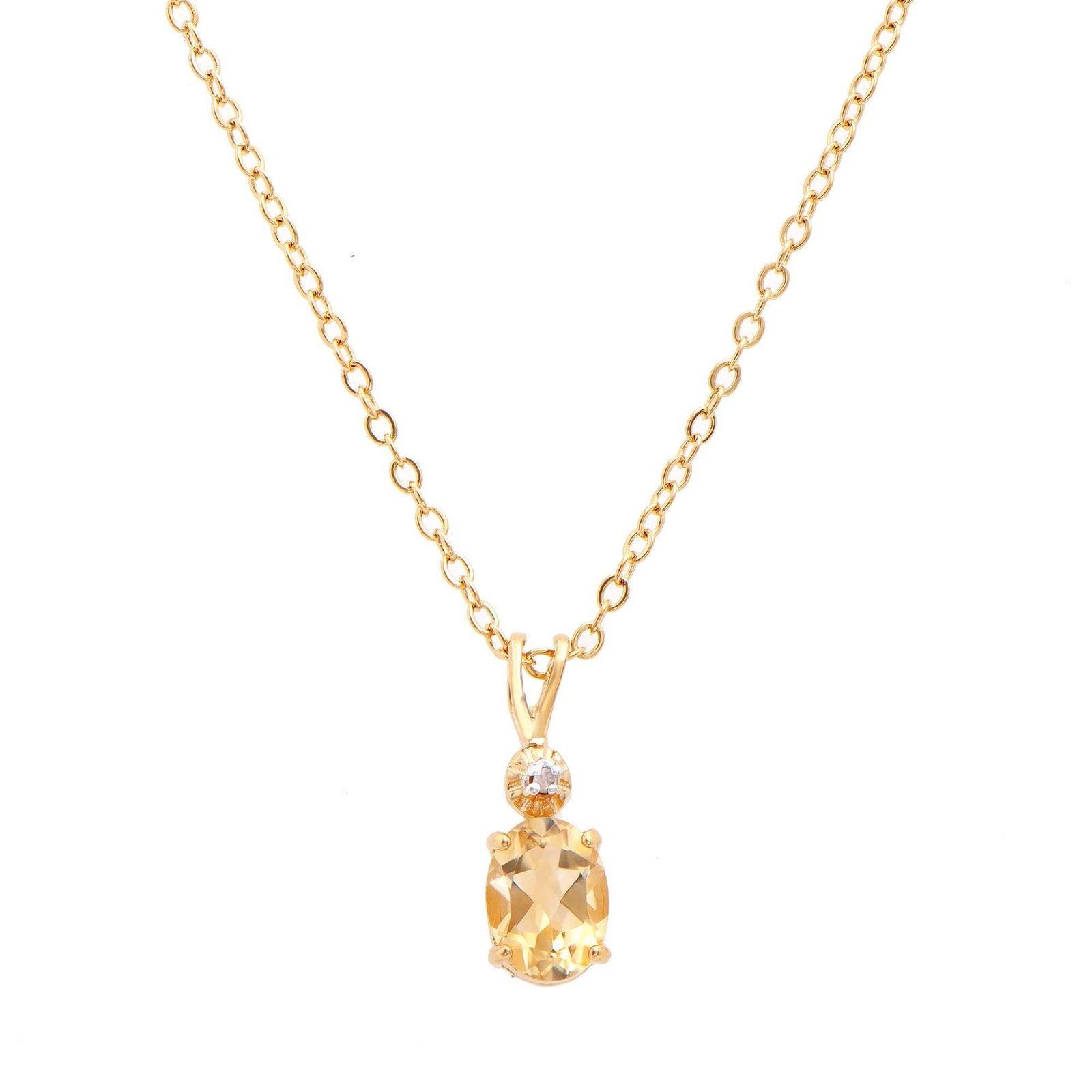 1.03 ctw Citrine & Diamonds 18K Gold Plated Designer Pendant 18 in: Title: 1.03 ctw Citrine & Diamonds 18K Gold Plated Designer Pendant 18 in Stone 1: Citrine Color: Orange Shape: Oval Size: 8x6 Quantity: 1 CTW: 1.02 Stone 2: Diamonds Color: H-I Shape: Rounds Size: 1.