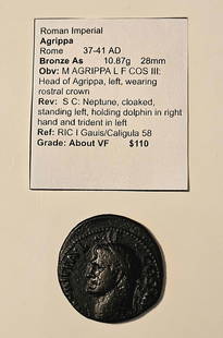 Roman Imperial Agrippa Bronze As: Title: Roman Imperial Agrippa Bronze As Description: Struck under Caligula a tribute to Agrippa, Rome mint Date/Period: 37-41 AD Materials: Bronze Dimensions: 10.87g 28mm Reserve: $55.00 Shipping: