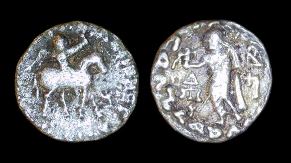 Indo-Scythians – King Azes I (circa 52–12 BC): Title: Indo-Scythians – King Azes I (circa 52–12 BC) Description: Obverse: King Azes on horseback right, wearing a cloak and holding a whip or spear. Legend in Kharosthi script around. Rev