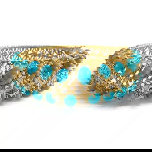 Vintage Cabochon Turquoise Diamond Bangle Bracelet 18K Yellow Gold, 73 Grams: Vintage Cabochon Turquoise Diamond Bangle Bracelet 18K Yellow Gold, 73 Grams This is a gorgeous vintage 1950's - 1960's bangle bracelet that will make a statement. Please let us know if you have any q
