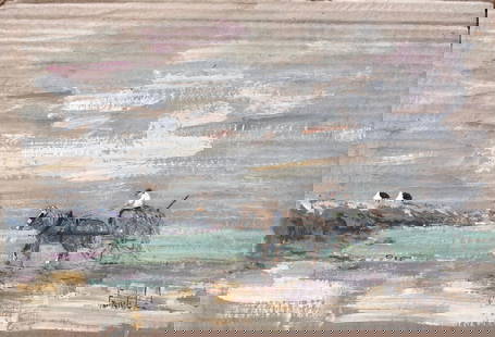 Impressionist Coastal Farm Scene with Horse Cart Driver Cottages and Moody Sky: About the Item Title: Impressionist Coastal Farm Scene with Horse Cart Driver Cottages and Moody Sky By Fanch Lel Signed: Yes Size: 11.25 x 14.5 inches (height x width) Gouache painting on cardboard,