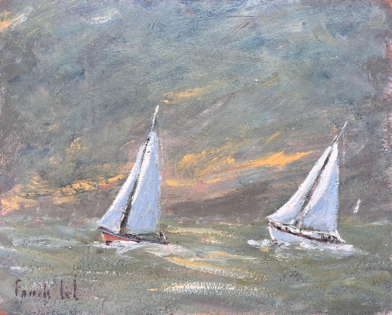 French Impressionist Seascape with Two White Sailed Boats at Sunset: About the Item Title: French Impressionist Seascape with Two White Sailed Boats at Sunset By Fanch Lel Signed: Yes Size: 13 x 16 inches (height x width) Oil painting on board, unframed Condition: The