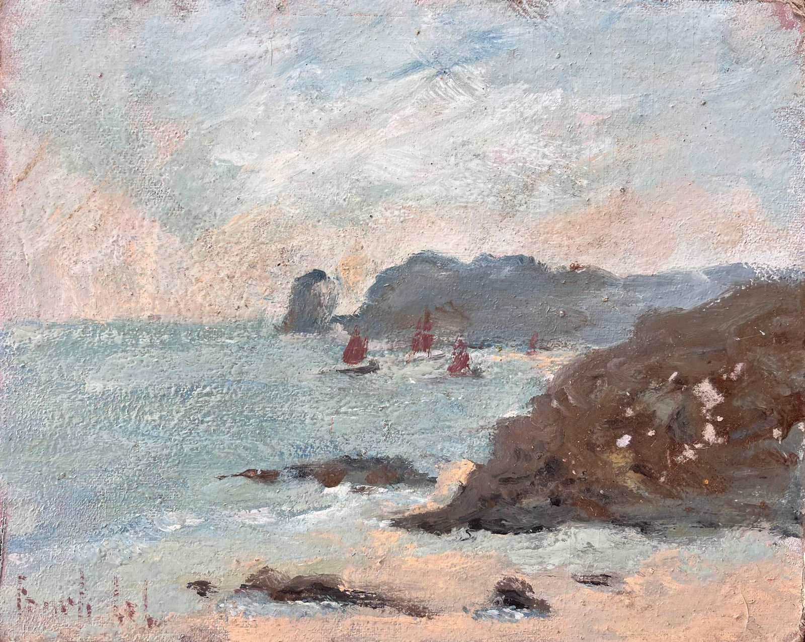 Impressionist Coastal Seascape with Red Sails on the Côte Bretonne 2007: About the Item Title: Impressionist Coastal Seascape with Red Sails on the Côte Bretonne By Fanch Lel Signed: Yes Size: 9.25 x 11.75 inches (height x width) Oil painting on board, unframed Condit