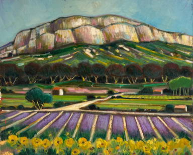 Lavender Fields Below The Mossy Valley Cliffs French Post Impressionist Painting: About the Item Lavender Fields by Max Toutain (1935-2006) oil painting on canvas, unframed canvas : 18 x 22 inches Provenance: all the paintings we have by this artist have come from the artists estat