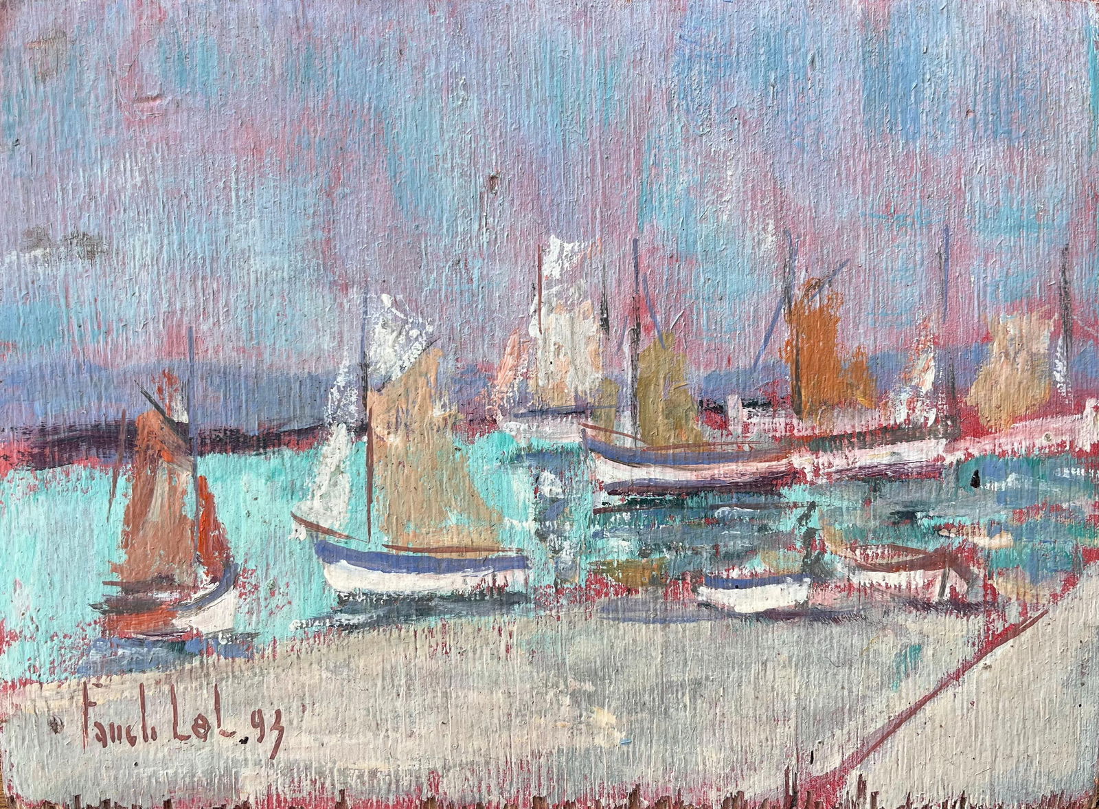 Impressionist French Port Scene with Colourful Sails and Pink Skies 1993: About the Item Title: Impressionist French Port Scene with Colourful Sails and Pink Skies By Fanch Lel Signed: Yes Size: 8.75 x 11.75 inches (height x width) Oil painting on board, unframed Condition: