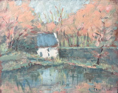 White Cottage Hidden in The Autumnal River Forest French Oil Painting 19th Century: About the Item White River Cottage Signed by Fanch Lel ( French School) Oil painting on board, unframed Board: 13 x 16 inches Inscribed verso Condition: The painting is in good condition, with minor s