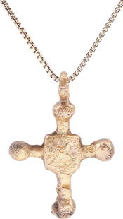 MEDIEVAL EUROPEAN CONVERT’S CROSS NECKLACE, 9th-10th CENTURY: The emergence from the Dark Ages is embodied in the rise to power of the Frankish King, Charlemagne in 768 (founder of the Holy Roman Empire after 800) followed by conquering southern Europe from Fran