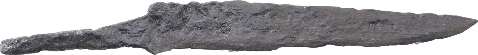 VIKING DAGGER, 800-1050AD: Forged iron, 5 1/8” (5.09") length with wedge section sharply tapering blade designed for slashing and thrusting in hand to hand combat. Originally mounted with a wood or antler grip and no guar
