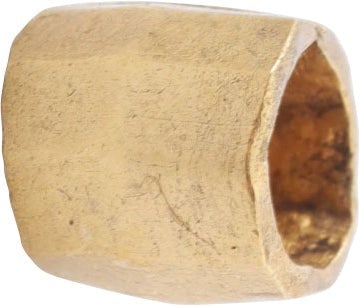 ANCIENT VIKING GILT BEAD, 9TH-11TH CENTURY AD: 6.5mm in length, about over 1/4 inch. Hand formed from bronze, forged to hexagonal section with the center swelled to a ridge. Butted seam. Professionally refurbished with the 24karat gold overlay res