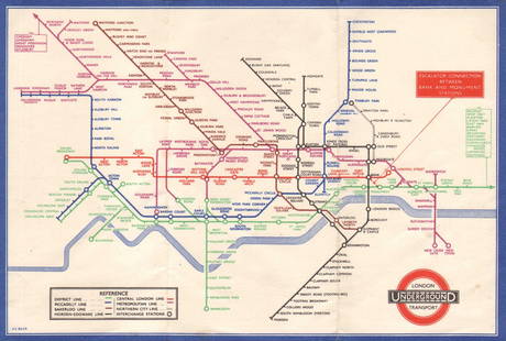 LONDON UNDERGROUND tube plan map diagram. Middle Circle. HARRY BECK #1 1935: TITLE/CONTENT OF MAP: 'London Underground Transport - Railway Map No 2. 1934' This edition of the Beck diagram shows no changes to the 1934 edition but the reverse of the map now shows a diagram of ce