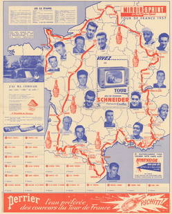 L'Itinéraire du Tour de France - Miroir-Sprint. Cycling route map 1957 old: CAPTION PRINTED BELOW PICTURE: 'Miroir-Sprint - Tour de France 1957' The 1957 Tour de France covered 4,669 km over 22 stages, crossing into Belgium and Spain. Frenchman Jacques Anquetil claimed his fi