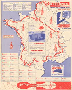 L'Itinéraire du Tour de France - Miroir-Sprint. Cycling route map 1958 old: CAPTION PRINTED BELOW PICTURE: 'Miroir-Sprint - Tour de France 1958' The 1958 Tour de France covered 4,282 km over 24 stages, starting in Brussels. Luxembourg’s Charly Gaul secured his only Tour