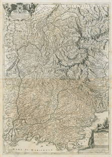 Il Corso del Fiume Rodano. The Rhone Valley. SE France. ROSSI /CANTELLI 1690 map: TITLE/CONTENT OF MAP: Il Corso del Fiume Rodano dalle sue Fonti fino al Mare Col Tratto dell'Alpi [The course of the river Rhone from its sources to the sea with its traverse of the Alps] South-easter
