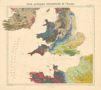 Geological map Southern British Isles & North France. BEYSCHLAG 1898 old: CAPTION PRINTED BELOW PICTURE: Carte g&#233;ologique internationale de l'Europe - Feuille 23 (BIV) - [Southern British isles & Northern France. England, Wales, southern Ireland] One of a series of geo
