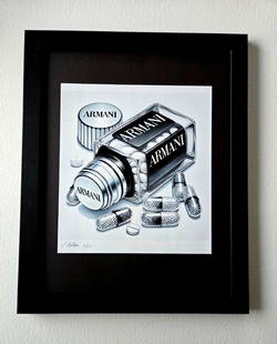 Chiara Bellini + " ARMANI Comfort Pills" Hand Signed Print Ltd Ed | COA: ARMANI Comfort Pills by Chiara Bellini Series: Shopping Therapy Artist: Chiara Bellini Title: Chanel Comfort Pills Edition: Limited edition of 50 Size: 15x12in Framed Medium: Gicl&#233;e print on high