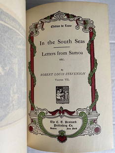 Robert L. Stevenson In The South Seas DeLuxe Ltd.Ed. Vol. VII C.T.Brainard 1906: Robert Louis Stevenson DeLuxe Ltd.Ed. Of 1,000 Copies. THE SOUTH SEAS, LETTERS FROM SAMOA, etc.Vol VII C.T.Brainard 1906. Half leather with tan marbled boards, spine missing. Gilt upper page edges. Cl