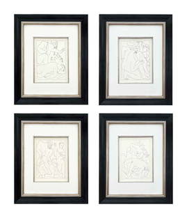Picasso set of 4 metamorphoses 1-3-4-5 Framed: These four remarkable prints by Pablo Picasso feature scenes from Metamorphoses. Each print is beautifully framed in a high-quality gold-leaf wood frame, each measuring 18x15 inches. Artist: Pablo Pic