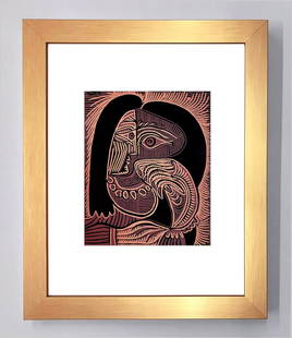 Pablo Picasso Framed Linocut Woman with necklace 1978: Artist: Pablo Picasso Country: Spain Title: Woman with Necklace Medium: Linocut in 3 colors Marks: Not signed, not numbered Paper Size: Vellum 12.250 x 9.50 inch Provenance: Homage to Picasso XXe Siec