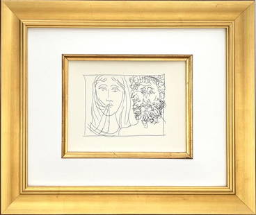 Picasso Metamorphoses 20 Head of a bearbed man and veiled woman framed: Title: Head of a bearbed man and veiled woman framed Artist: Pablo Picasso Country: Spain Medium: Facsimile 20 Marks: Not signed, not numbered Paper Size: 11 x 8.50 inches on Papier Verge fin blanc Pr