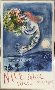 Chagall Lithograph Poster Bay of Angels 1962 Framed: Artist: Marc Chagall Country: Russia Title: La baie des ranges - Poster Medium: Original Lithograph Size: 39 x 25 inch Printed: 1962 by Mourlot Freres, France Condition: Very Good Certificate of