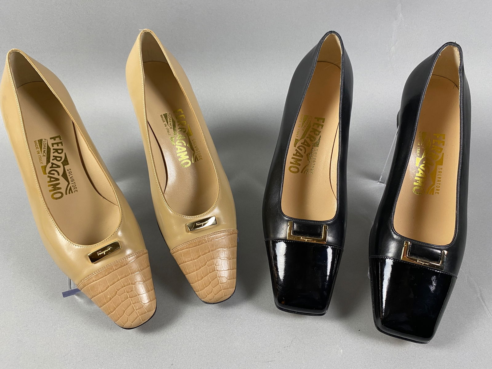 Two Pair of Vintage Salvatore Ferragamo Leather Dress Shoes: Title:Two Pair of Vintage Salvatore Ferragamo Leather Dress Shoes Description:Both pair of shoes are Italian Salvatore Ferragamo Materials:Leather Dimensions:The shoes are marked 6C Reserve: $20.00 Sh