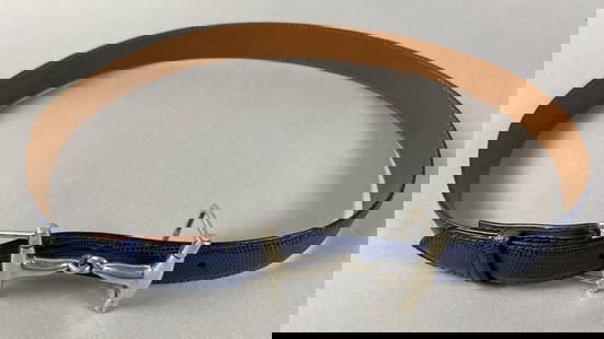 Vintage Pat Areias Blue Lizard Belt w/Sterling Silver Buckle: Title:Vintage Pat Areias Blue Lizard Belt w/Sterling Silver Buckle Description:The belt is made in the USA by Pat Areias and the sterling silver buckle is marked 925. Materials:Genuine Lizard Leather
