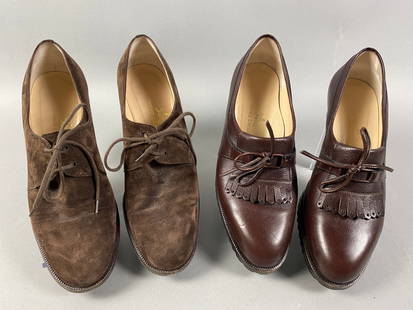 Two Vintage Pair of Italian Tanino Crisci Clipper Leather Heeled Derby Shoes: Title:Two Vintage Pair of Italian Tanino Crisci Clipper Leather Heeled Derby Shoes Description:The leather shoes are marked Movstache Clipper and the brushed suede or leather shoes are marked Guaina C