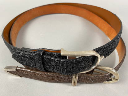 Two Vintage Pat Areias Stingray belts w/Sterling Silver Bucklets: Title:Two Vintage Pat Areias Stingray belts w/Sterling Silver Bucklets Description:The belts are made of ostrich and have sterling silver belt buckles marked 925. Materials:Stingray Leather Dimensions