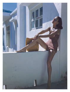 Swimwear By Toni Frissell Archival Pigment Print Framed In White: Description Fashion shoot featuring a model in swimwear, 1946. (Toni Frissell) 20 x 24 inches / 50 x 60 cm paper size Archival Pigment Print Framed in solid white wood frame with mount Ready to hang M