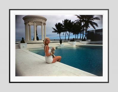 Slim Aarons 'Cz By The Pool' 1955 Oversize Black Frame C Type Print: Description Slim Aarons 'CZ By The Pool' 1955 Oversize Black Frame c type print American socialite Mrs. Winston F. C. Guest (aka CZ Guest, 1920 &#8211; 2003) perches on the edge of the Grecian temple