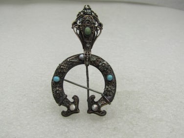 Antique Sterling Filigree Cloak Pin with MOP, Agate Stones, 1800's