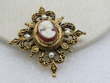 Vintage Cameo Brooch, faux Pearls, Pointed, 2.25", 1960's