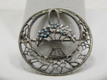 Antique Sterling Victorian Filigree Basket Brooch, 7/8"