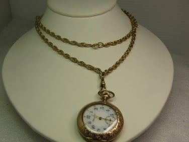Vintage Gold Filled Humbert Pocket Watch with Chain, 12kt G.F., Early 1900's