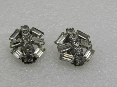 Vintage Rhinestone Art Deco Themed Clip Earrings, 1940's-1950's